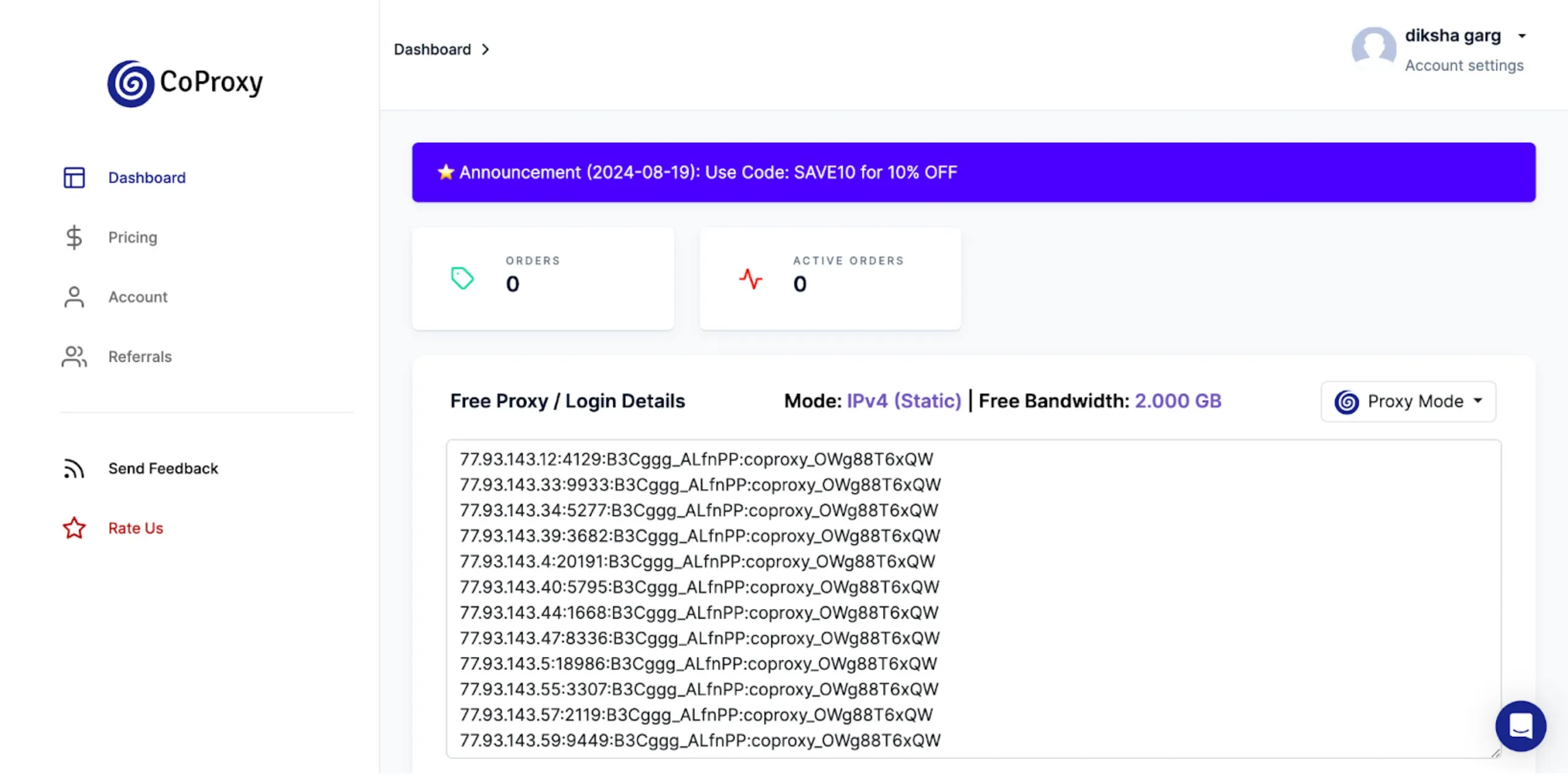 CoProxy Review - Dashboard