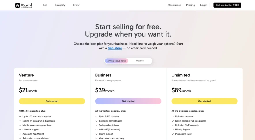 Ecwid- Pricing Plans