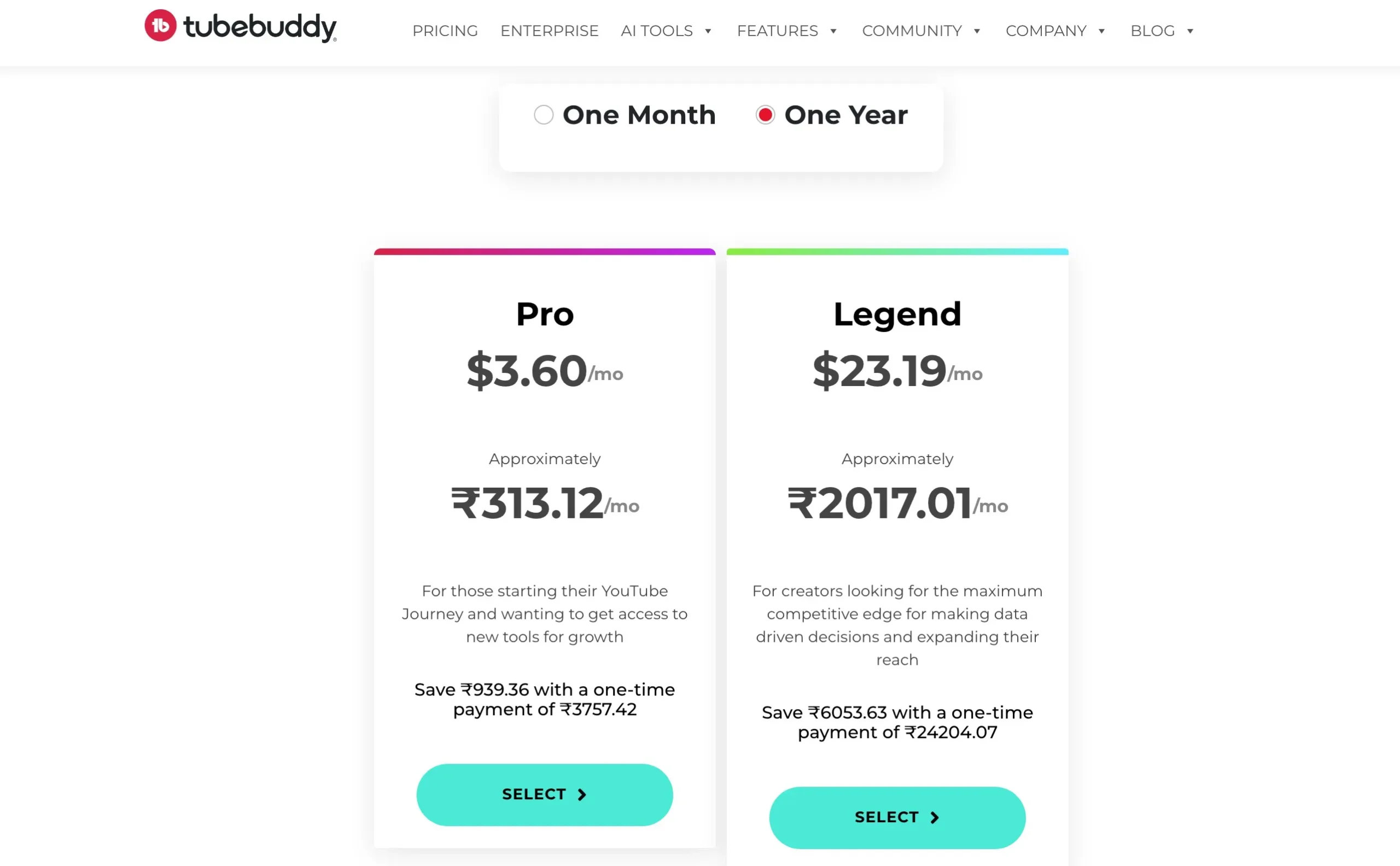 TubeBuddy Pricing Options - One Year