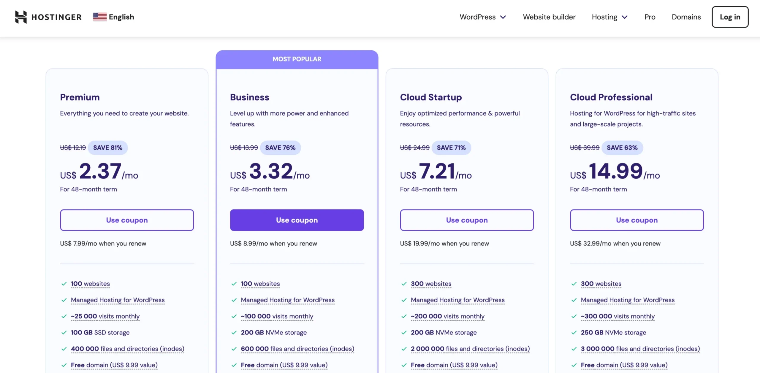 Hostinger Pricing Options